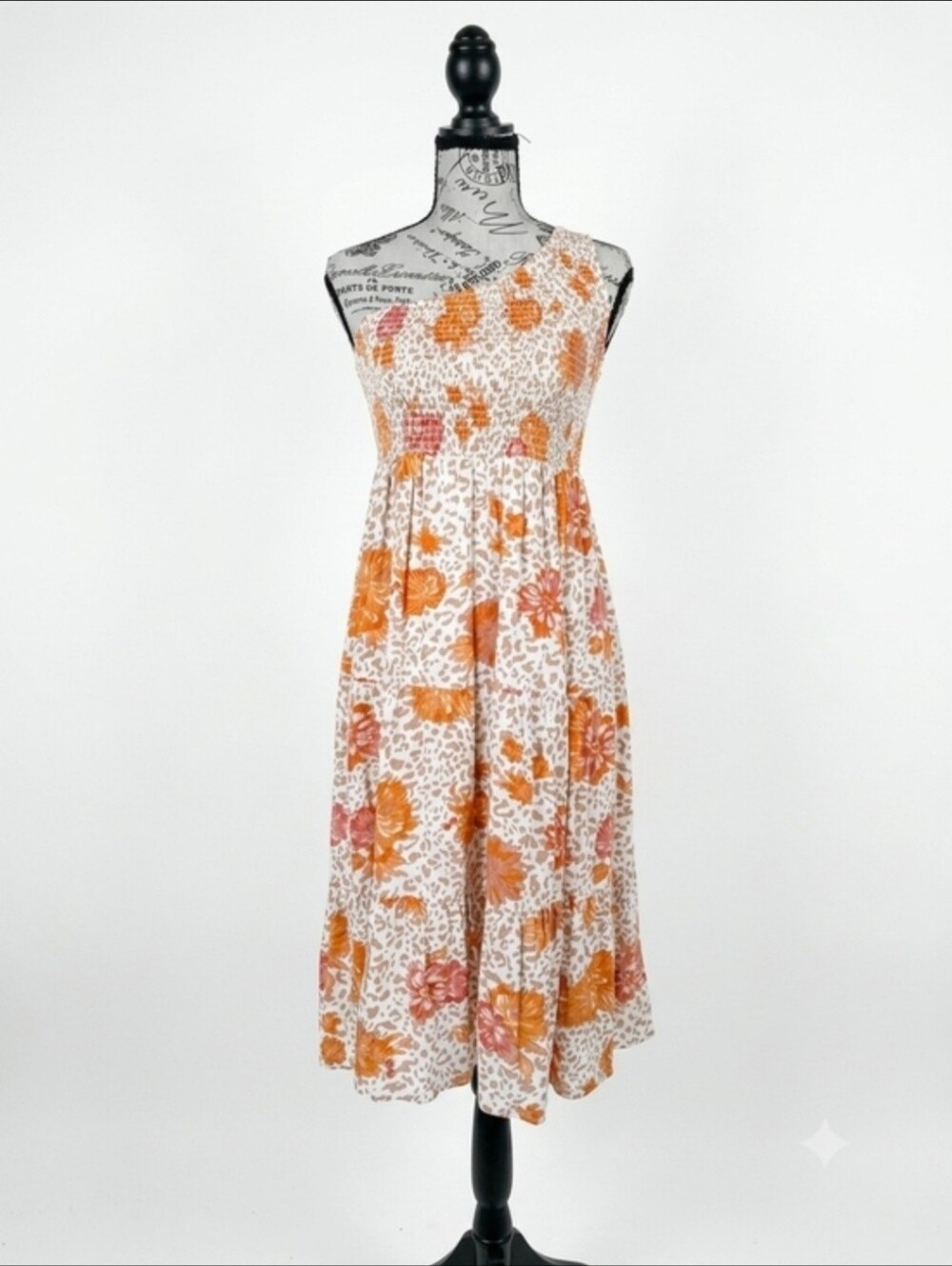 ⭐️Sunland 17 Boho One Shoulder Floral Leopard Smocked Tiered Dress M⭐️